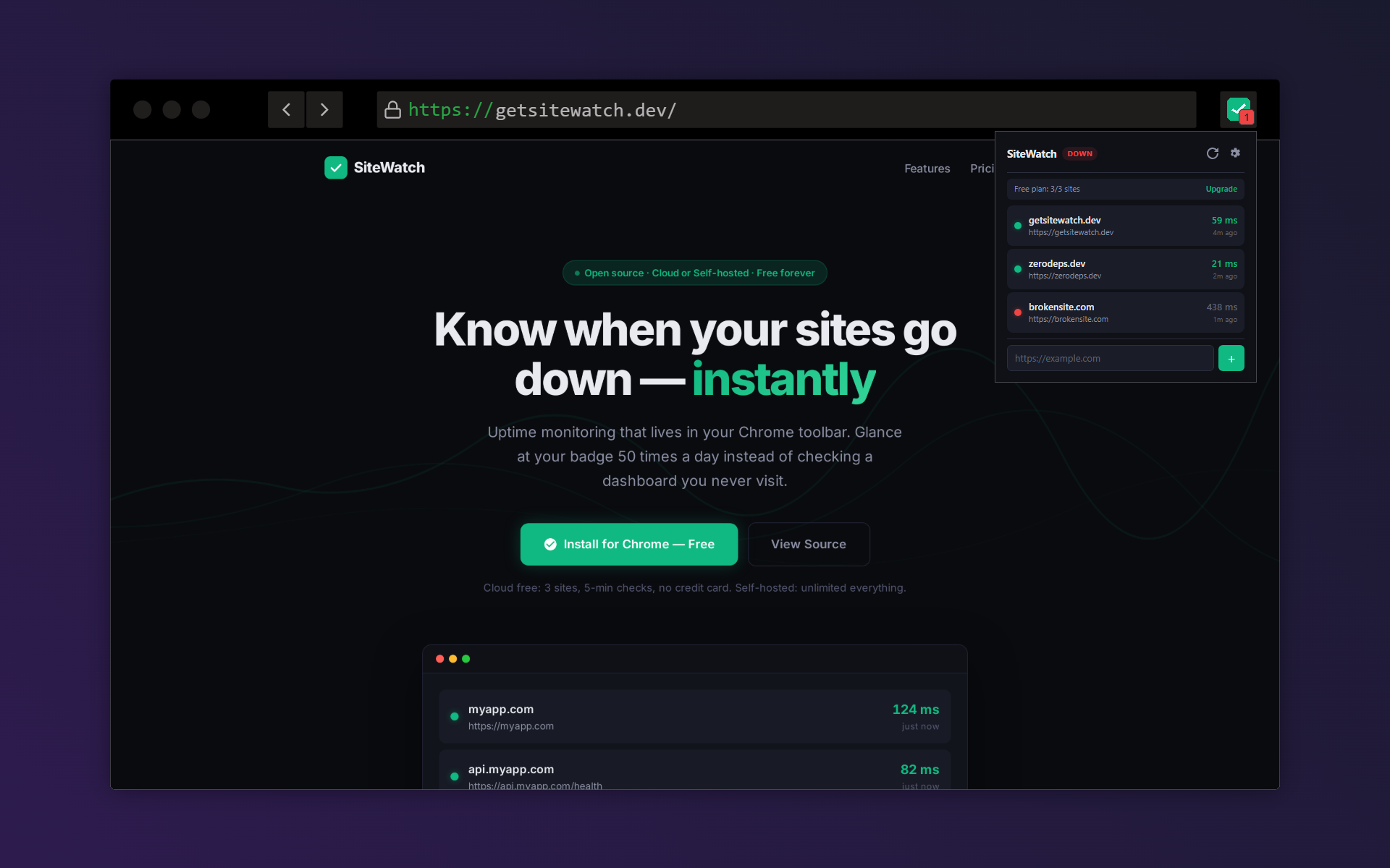 SiteWatch — Uptime monitoring Chrome extension dashboard